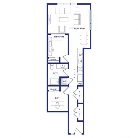 Floor plan for 1 bed, 1 bath, 889 sqft